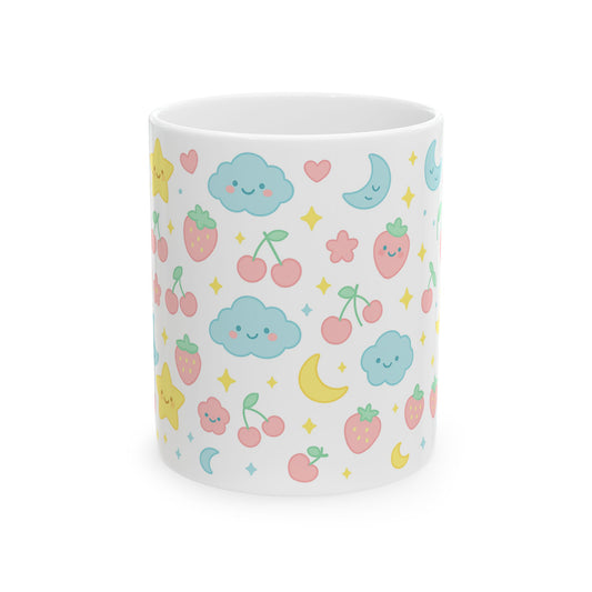 Cute Kawaii Ceramic Mug - 11oz/15oz, Colorful Clouds & Fruits Design