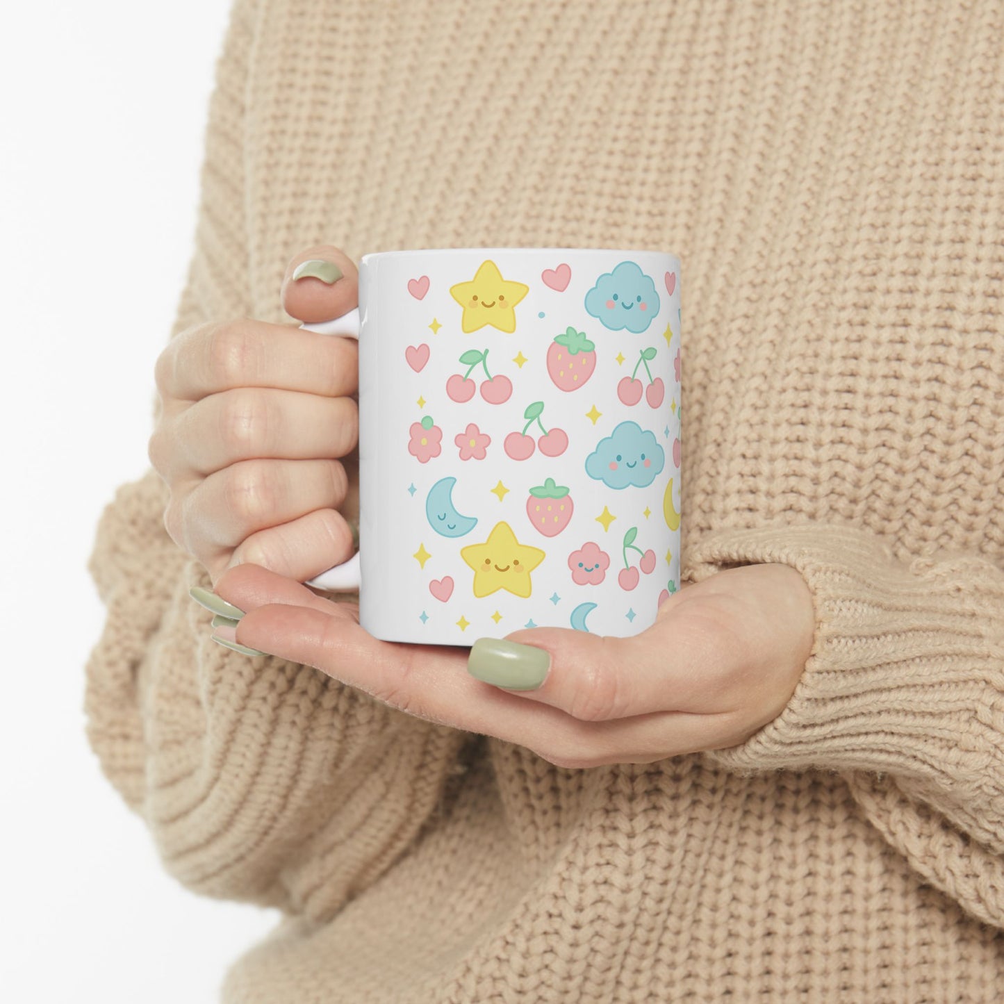 Cute Kawaii Ceramic Mug - 11oz/15oz, Colorful Clouds & Fruits Design